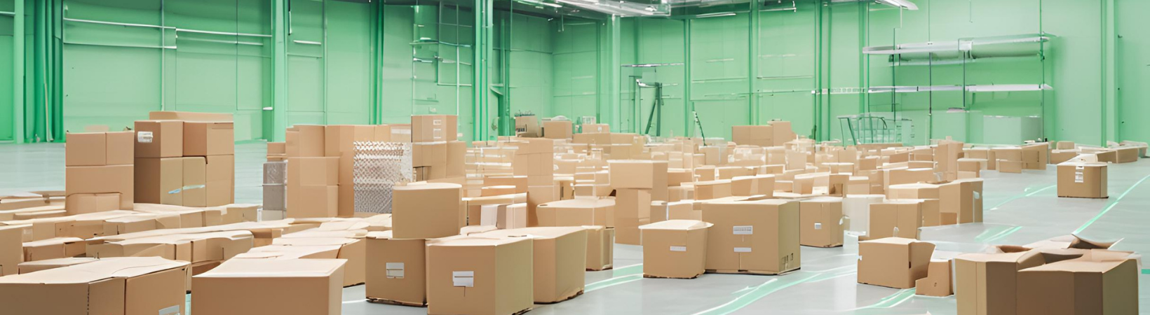 Futuristic warehouse with neatly organized boxes and flowing arrows, representing streamlined logistics processes on a soft green background.