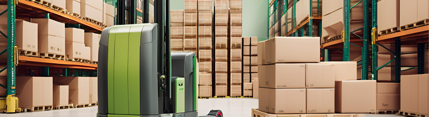 A lifter machine stacking neatly organized boxes in a warehouse with a soft green background, symbolizing adaptability in logistics.