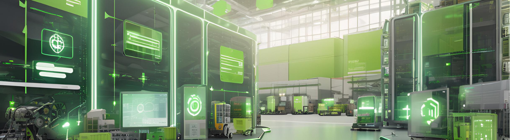 A high-tech logistics hub with glowing AI icons, futuristic gears, and automation tools on a soft green background.