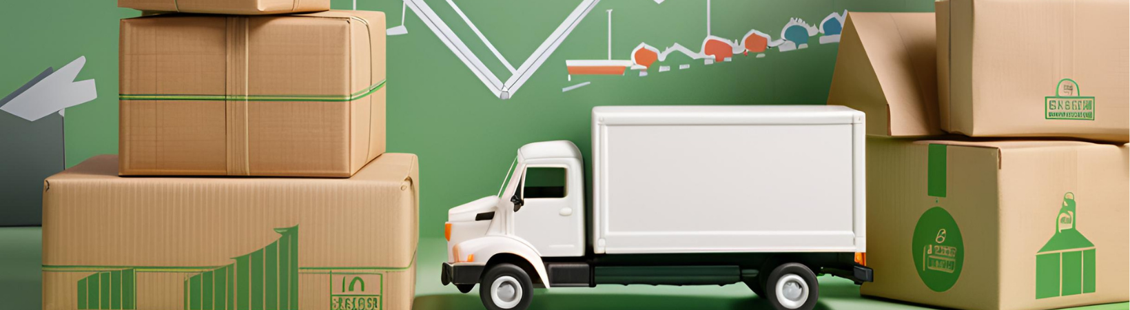 An upward growth chart surrounded by delivery trucks and packages, with a magnifying glass highlighting an area of focus on a soft green background.