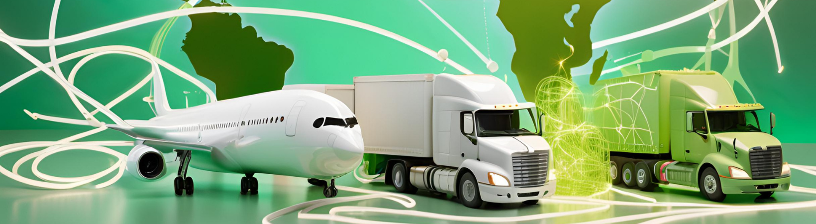 Interconnected global logistics elements like a globe, handshake, and transportation tools on a soft green background, symbolizing outsourcing support.