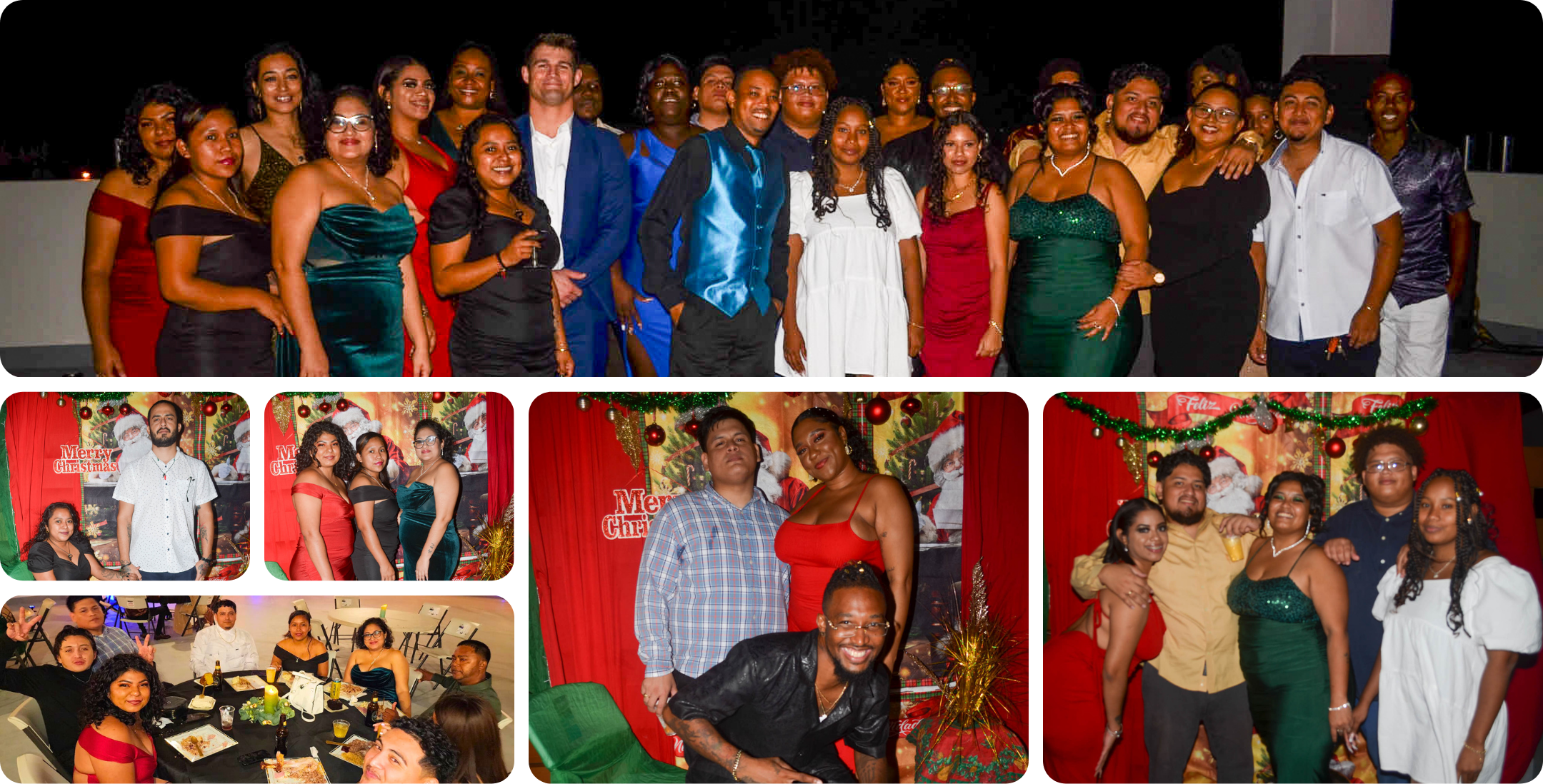 Group of people celebrating a year-end party on a rooftop in Belize office.