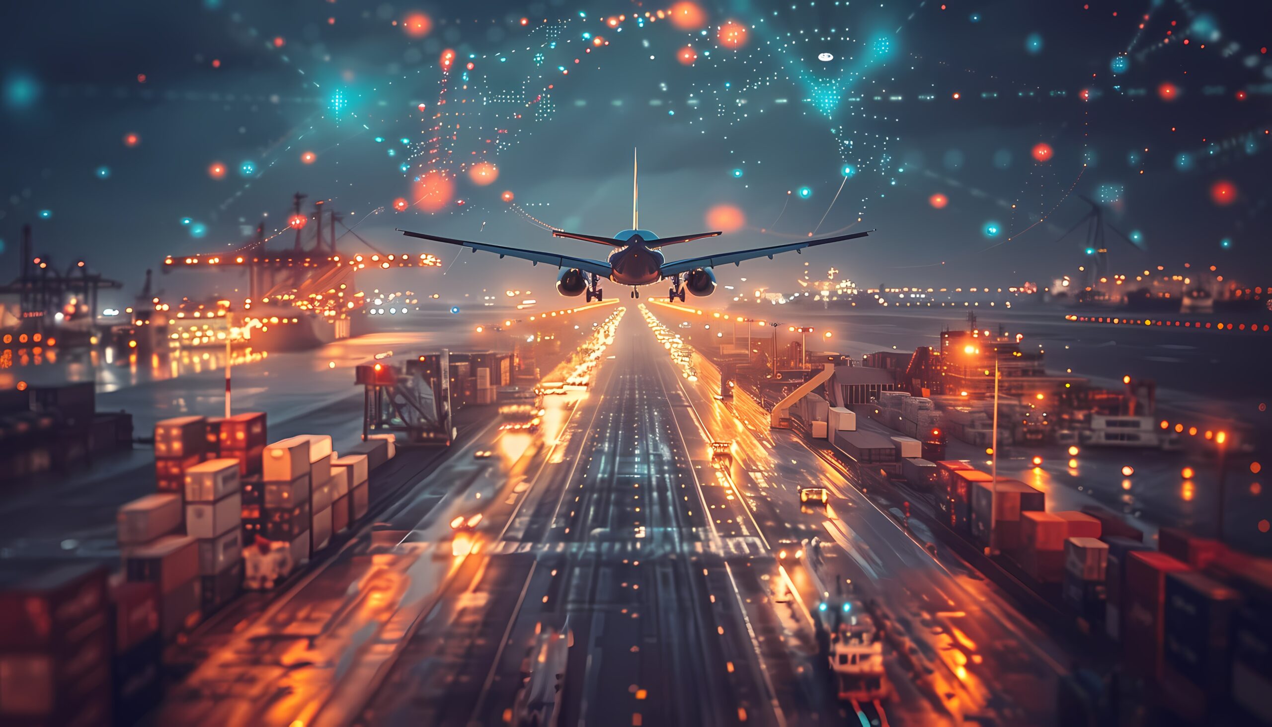 Commercial airplane taking off from a busy airport surrounded by cargo containers and shipping containers