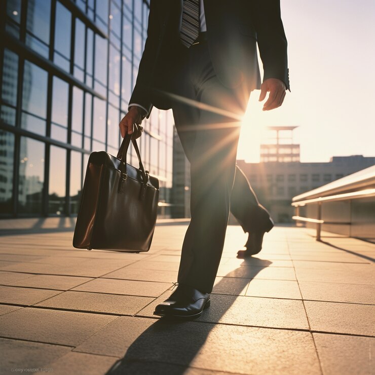 Confident man in a suit walking to the office with a briefcase