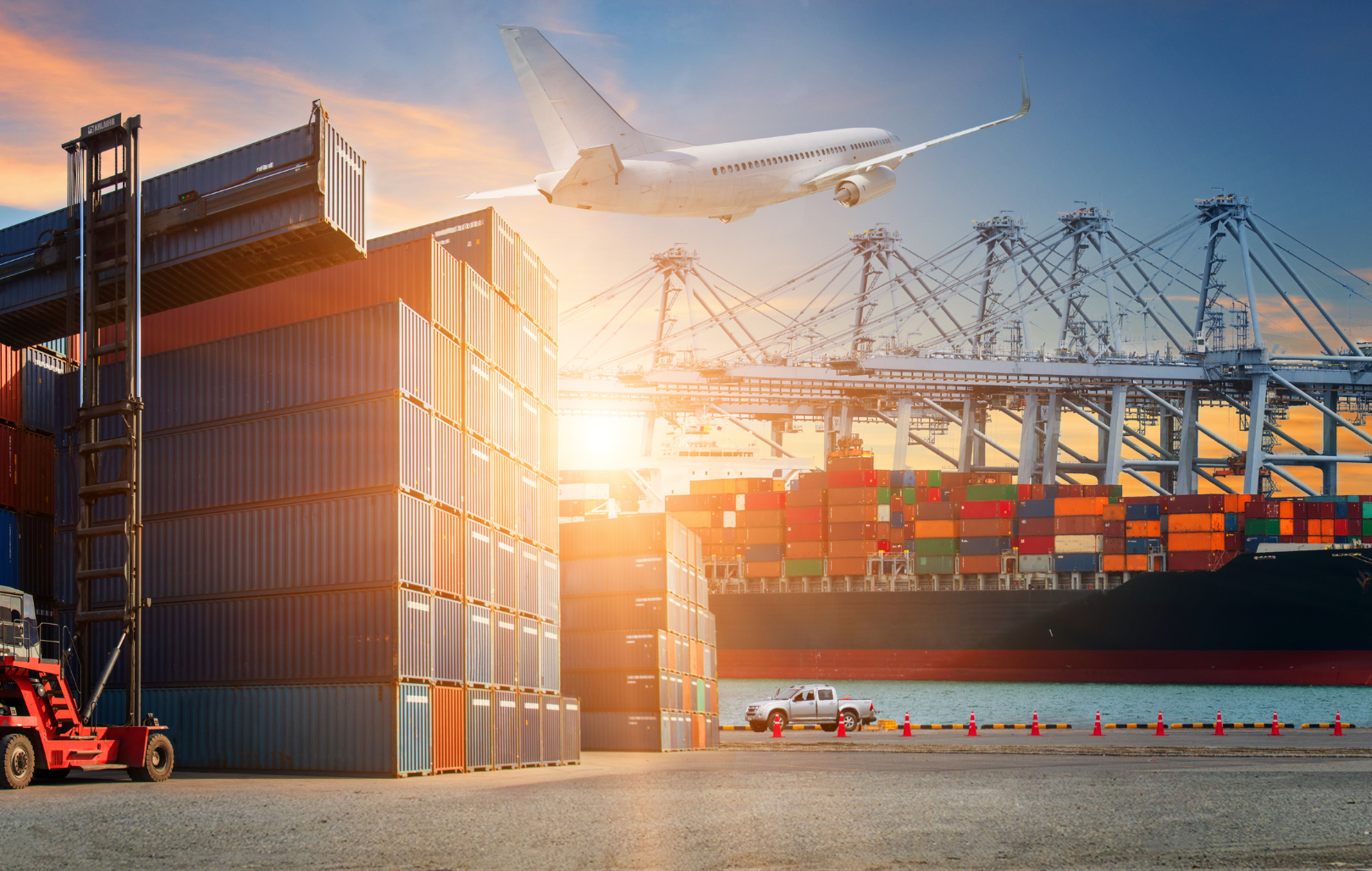 A bustling logistics port featuring ships, an airplane, and numerous shipping containers, illustrating the complexity and scale of global trade operations.