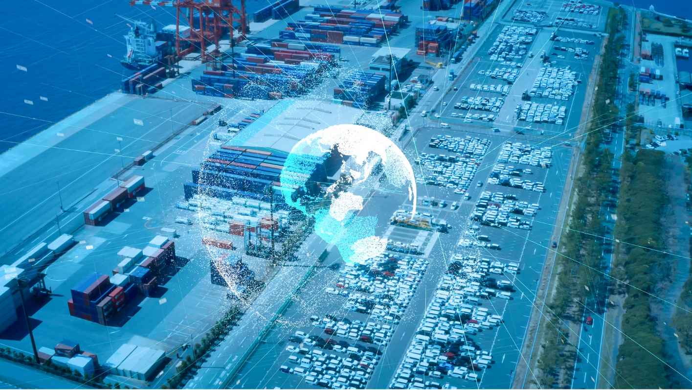 A bustling port with cargo ships and cranes, overlaid with a transparent, futuristic globe, symbolizing global trade and interconnectedness.