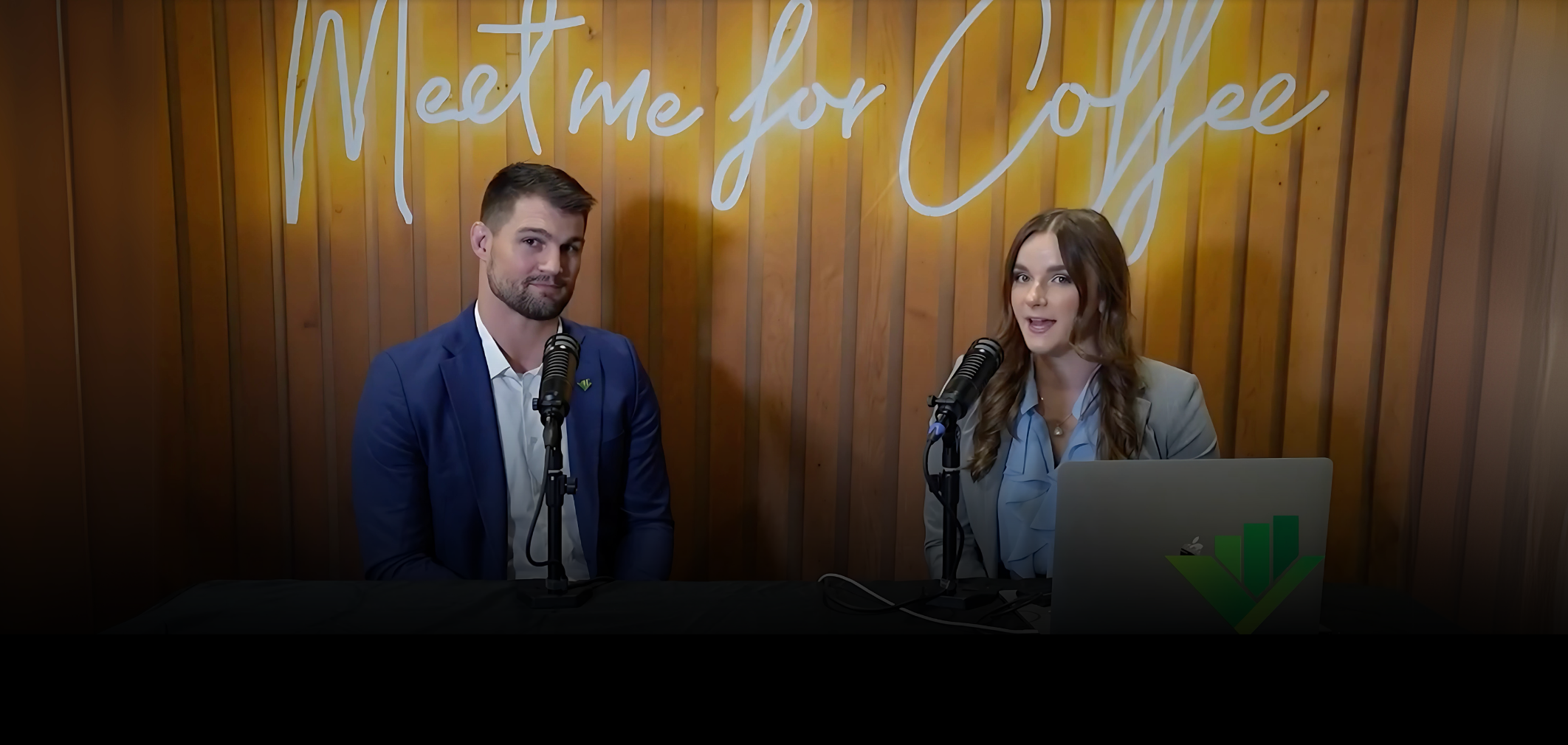 Nick Schrock and host Samantha Jones on the Meet Me For Coffee podcast, discussing offshore talent and AI.