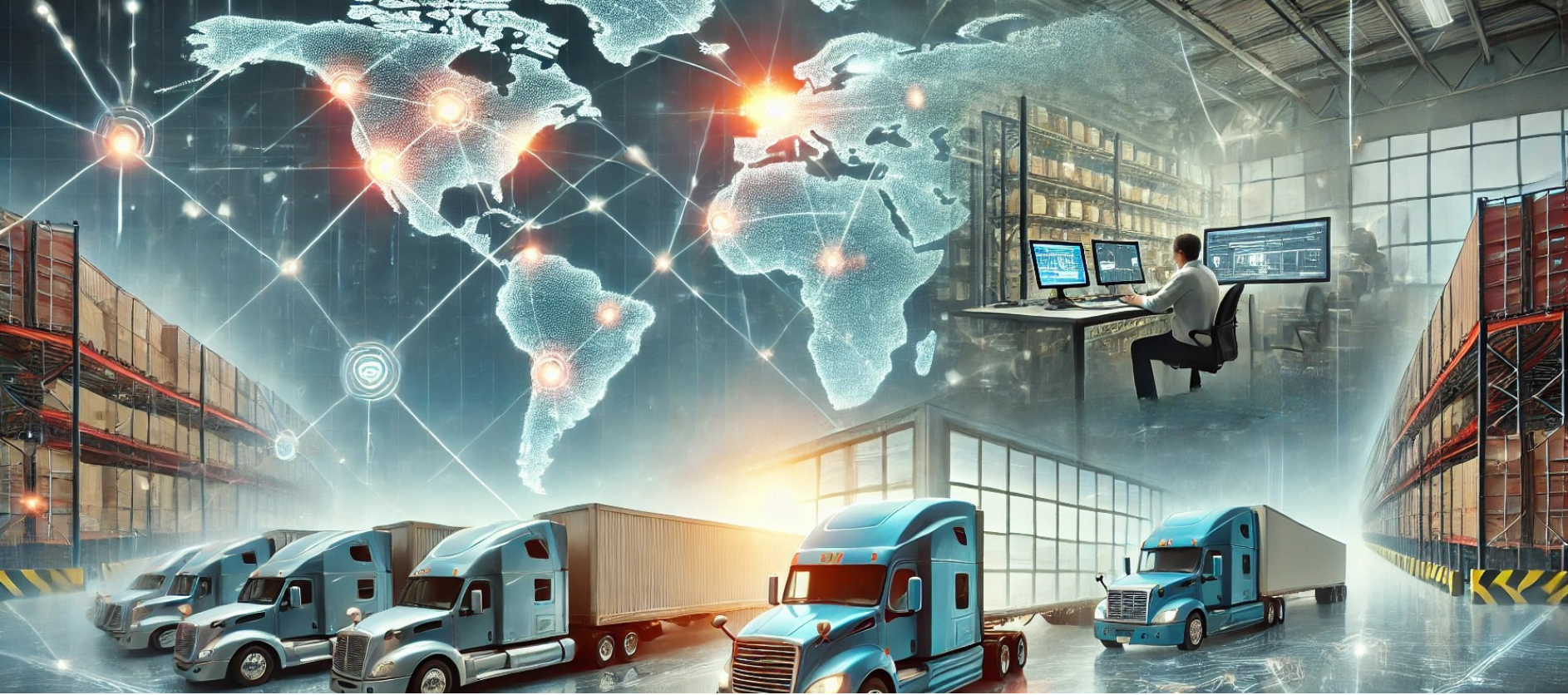 American logistics hub with classic semi-trucks, a warehouse, and digital tracking screens.