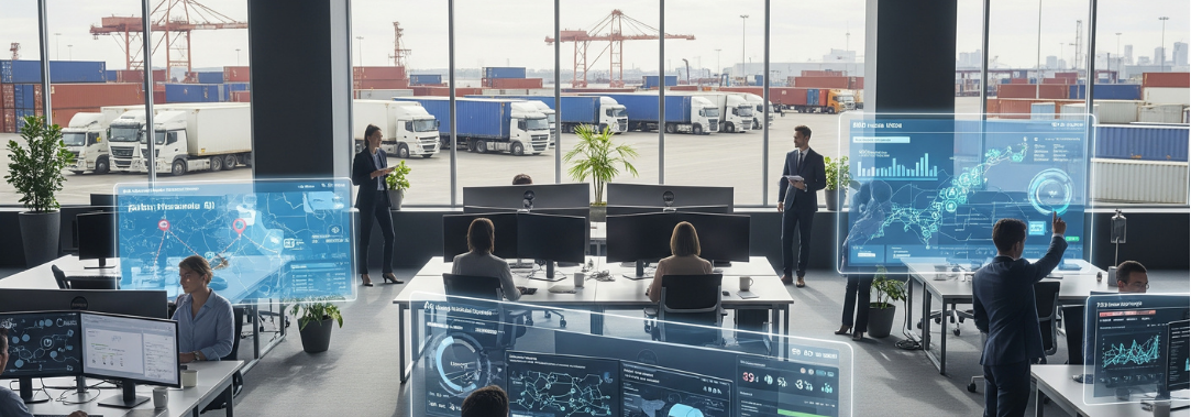 AI and human collaboration in freight management, showing transformation without job replacement.