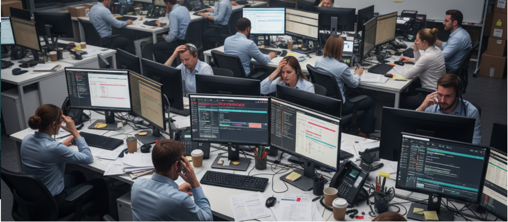 A stressed track and trace logistics team in a modern office, looking overwhelmed by high work volume as a manager looks on with concern.