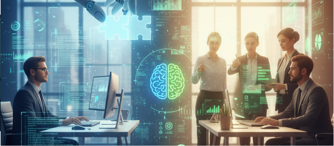 A human hand and a robotic hand work side-by-side in a modern office, manipulating glowing digital interfaces, symbolizing the concept of automation vs. augmentation.