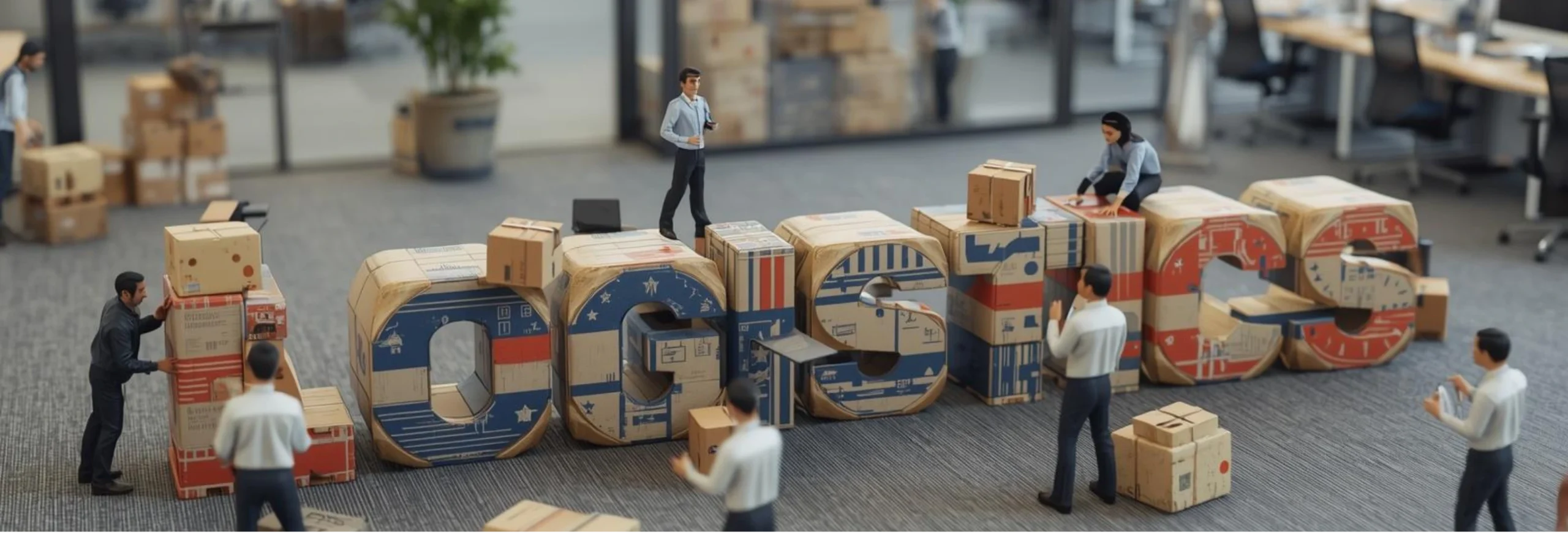 A transparent view of a warehouse with real-time tracking icons over every pallet.